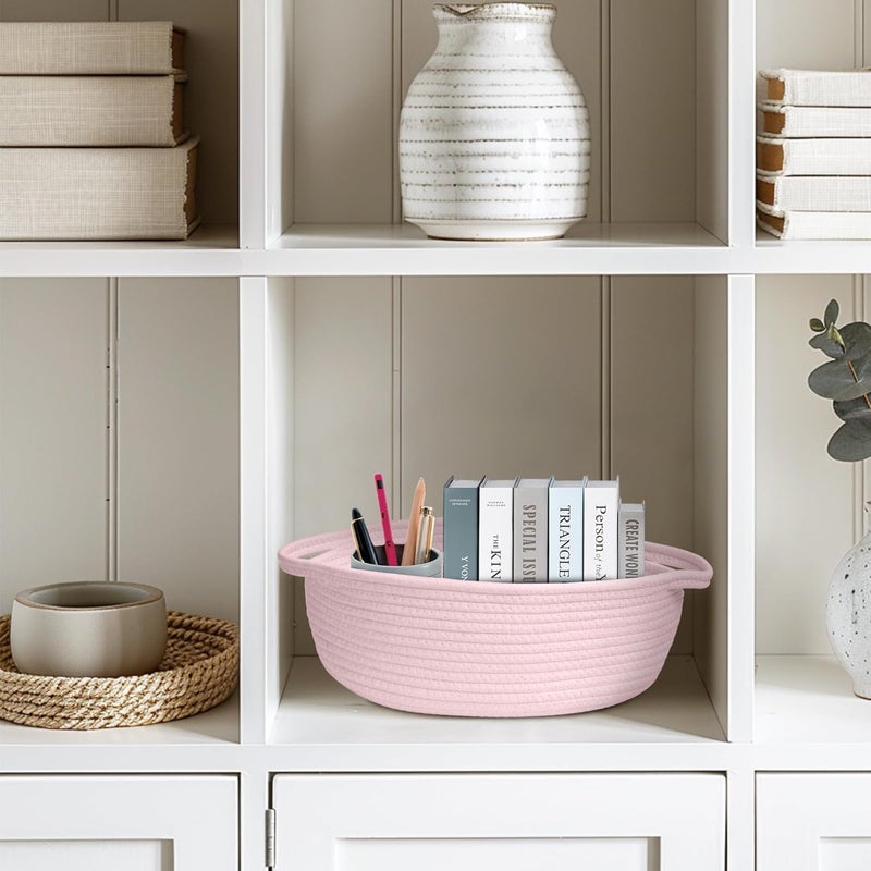 WILLITAT Small Baskets for Gifts Empty, 13"x 9"x 5" Woven Gift Basket with Bag and Ribbon, Cotton Rope Kids Dog Cat Toy Bin Box, Cute Baby Nursery Organizer, Decorative Storage with Handles (Pink) - Image 5